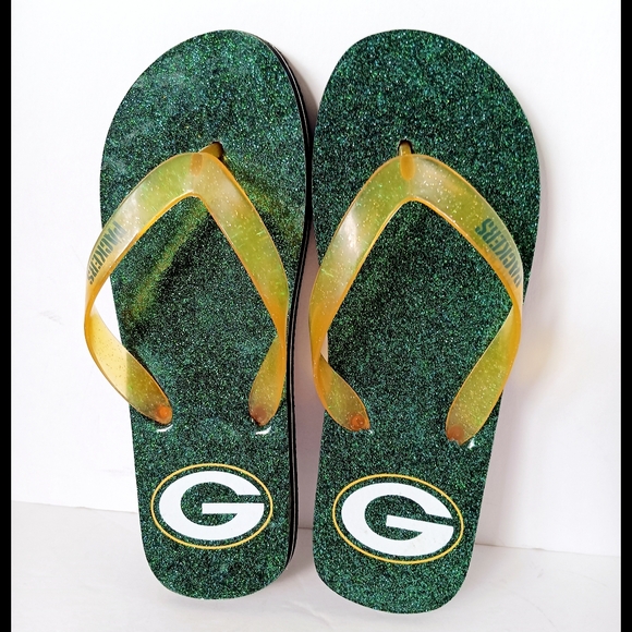 💚💛 Green Bay Packers Glitter Sandals Flip Flops Womens 6.5 NFL Football - Picture 1 of 12